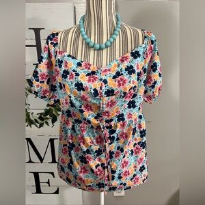 SHEIN Aqua Multi Floral Sweetheart Tie-Front Blouse